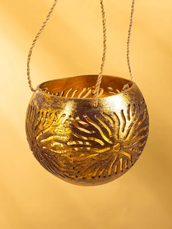 Подсвечник подвесной из кокоса, 9-12 см, тёмно синий-золотой