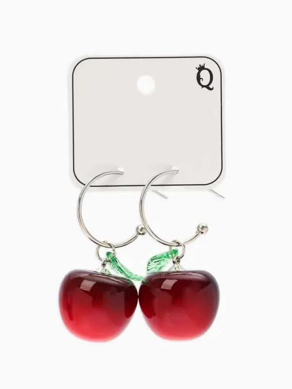 Серьги-кольца "Черешня с листочком", цвет бордовый в серебре