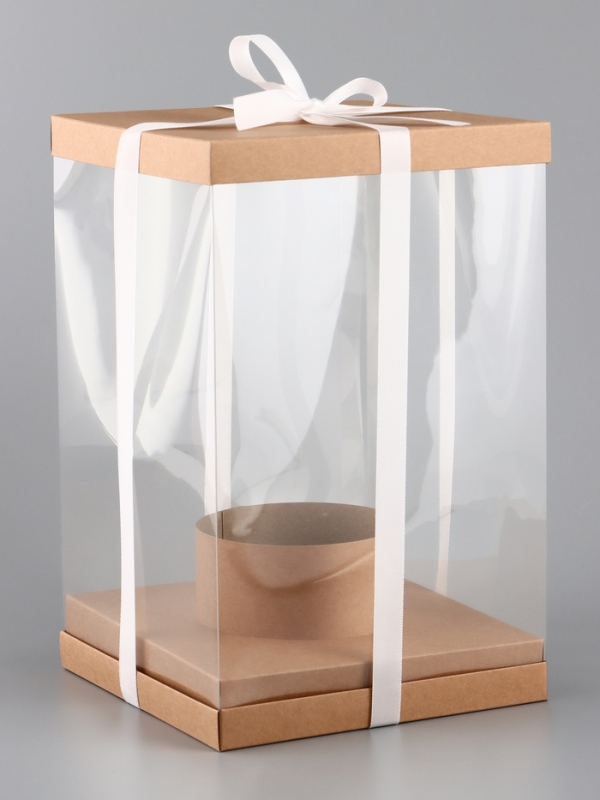 Коробка PVC, для цветов с лентой, 28 х 18 х 18 см, крафт