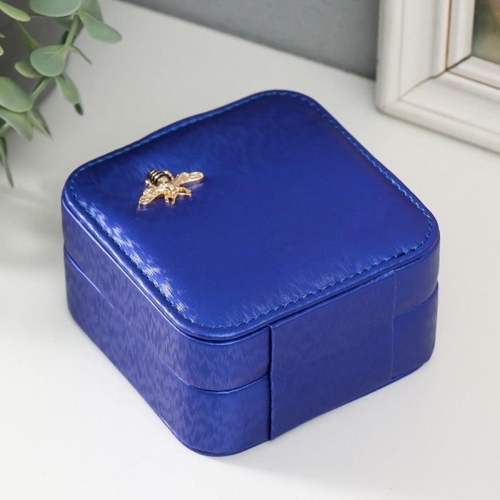 Шкатулка текстиль для украшений "Перелив с украшением" синяя 10х10х6 см