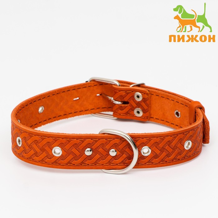 Ошейник кожаный тисненый однослойный, безразмерный, 64 х 3,5 см, ОШ 31-60 см, рыжий Ошейник кожаный тисненый однослойный, безразмерный, 64 х 3,5 см, ОШ 31-60 см, рыжий