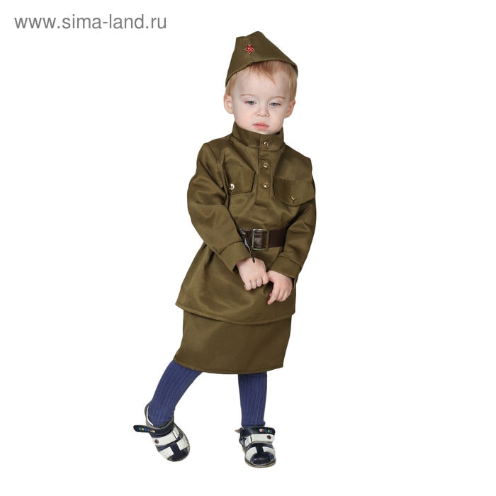Карнавальный костюм &laquo;Солдаточка-малютка&raquo;, пилотка, гимнастёрка, ремень, юбка, 1-2 года, рост 82-92 см