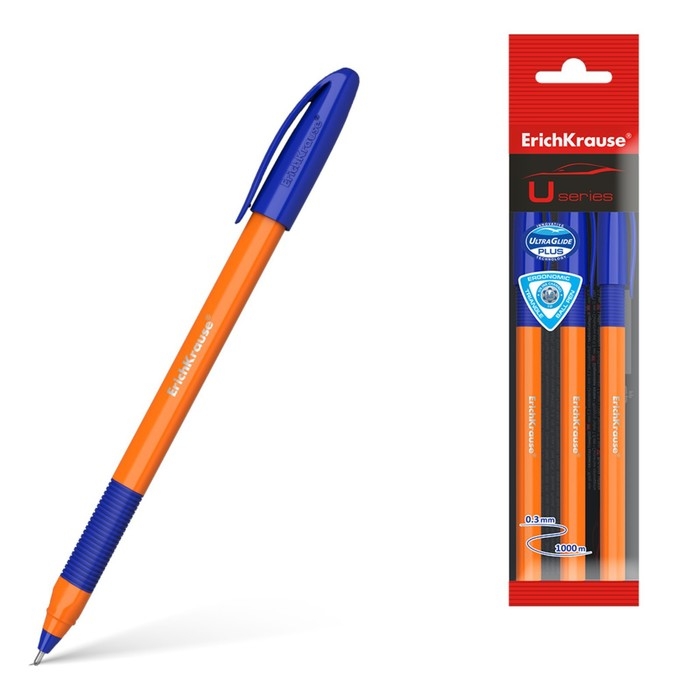 Набор ручек шариковых 3 штуки, ErichKrause U-109 Orange Stick&Grip, игольчатый узел 1.0 мм, чернила синие, супермягкое письмо, резиновый держатель, корпус оранжевый