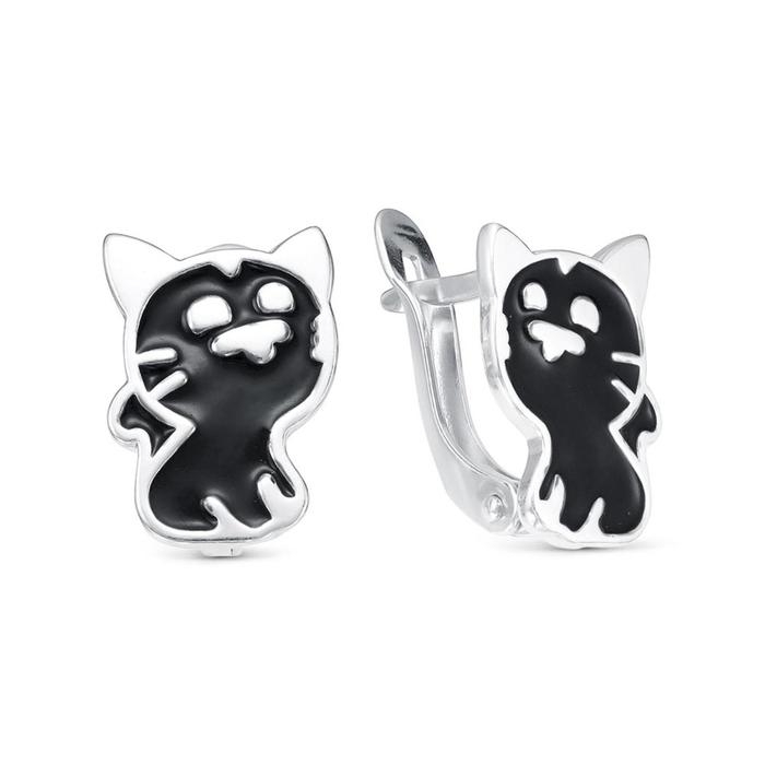 Серьги детские &laquo;Котёнок&raquo;, посеребрение, цвет чёрный