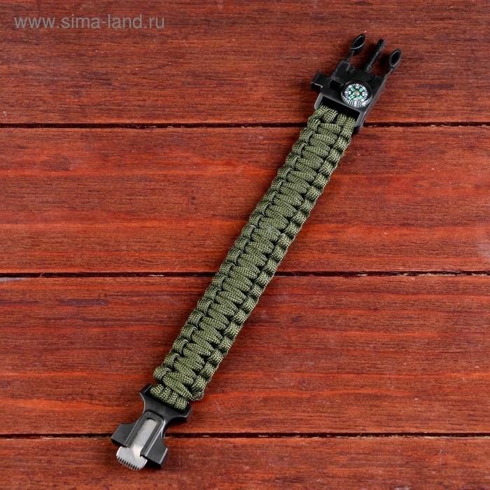 Браслет для выживания 4в1 (паракорд, компас, свисток, огниво), тёмно-зелёный, 25.5&times;2.5см, 3м