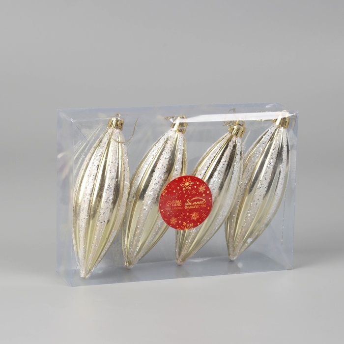 Украшение ёлочное "Сосулька полосатая блеск" (набор 4 шт) 13,5х4,5 см, золотисто-белый