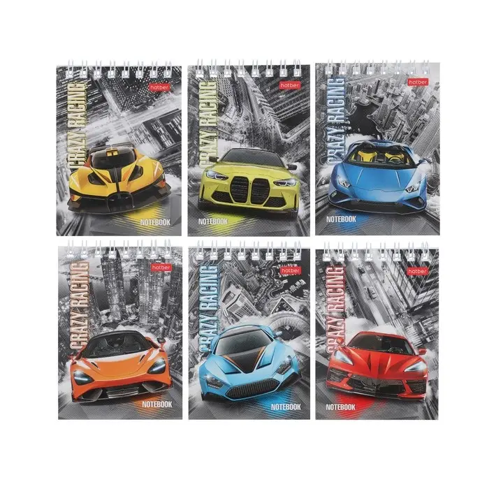 Блокнот А7, 40 листов в клетку на гребне Hatber &laquo;Автопанорама&raquo;, обложка мелованный картон, блок 65 г/м&sup2;, МИКС 6 видов