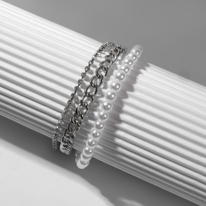 Браслет жемчуг &laquo;Цепь&raquo; с тоглом, шар №4, цвет белый в серебре, L=16 см