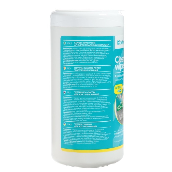 Салфетки чистящие для всех типов экранов, Defender Cleaning wipes, Optima, 100 штук в тубе Салфетки чистящие для всех типов экранов, Defender Cleaning wipes, Optima, 100 штук в тубе