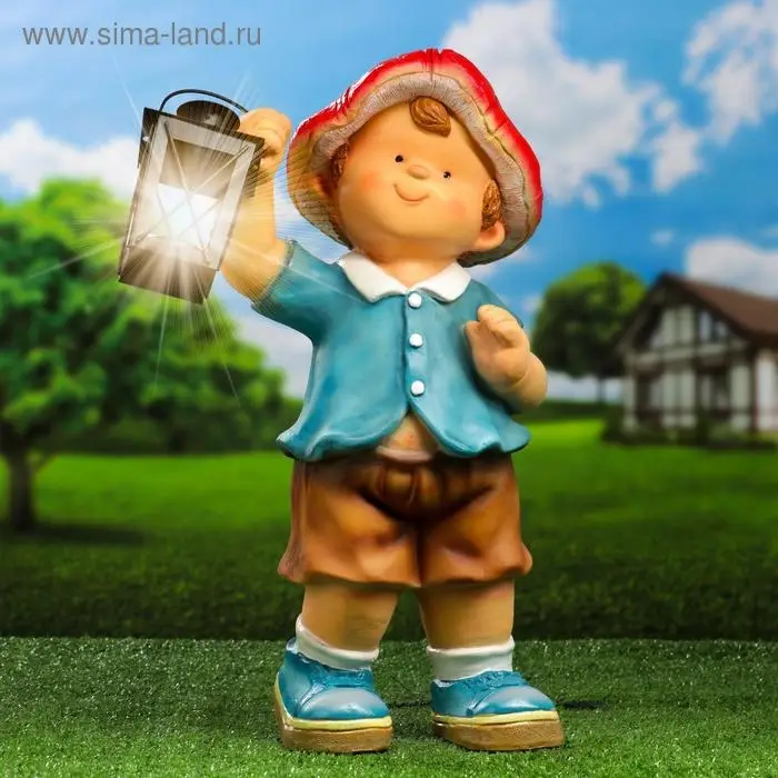 Садовая фигура "Гномик-грибочек с фонарем" 21х15х45см