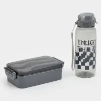 Ланч-бокс, 2 отделения, 2 яруса, с вилкой и ложкой, бутылкой 500мл,20х17х5,5 см, цвет серый   109495