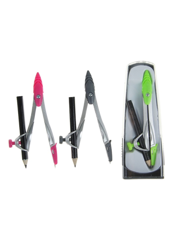 Циркуль металлический 115 мм, с чернографитным карандашом в пластиковом пенале, МИКС