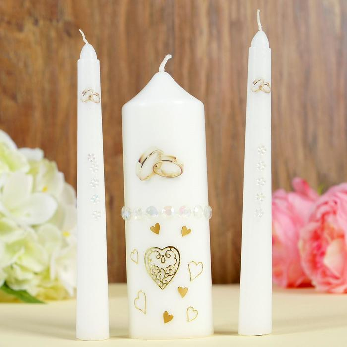 Набор свадебных свечей с бусинами "Обручальные кольца", белый, ручная работа, микс
