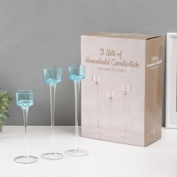 Подсвечник стекло набор 3 шт "Прозрачность мыслей" высота 26см-2шт., 20 см- 1шт. синий