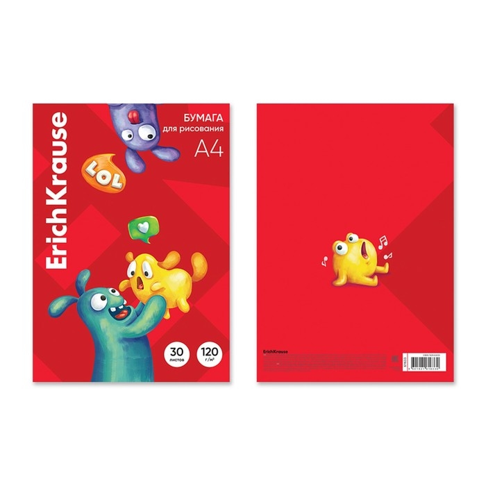 Бумага для рисования А4, 30 листов, ErichKrause Jolly Friends, блок 120 г/м&sup2;, 100% белизна, картонная папка