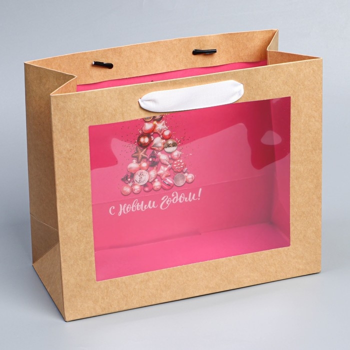 Пакет подарочный новогодний крафтовый с пластиковым окном &laquo;Новогодние шары&raquo;, 24 х 20 х 11см