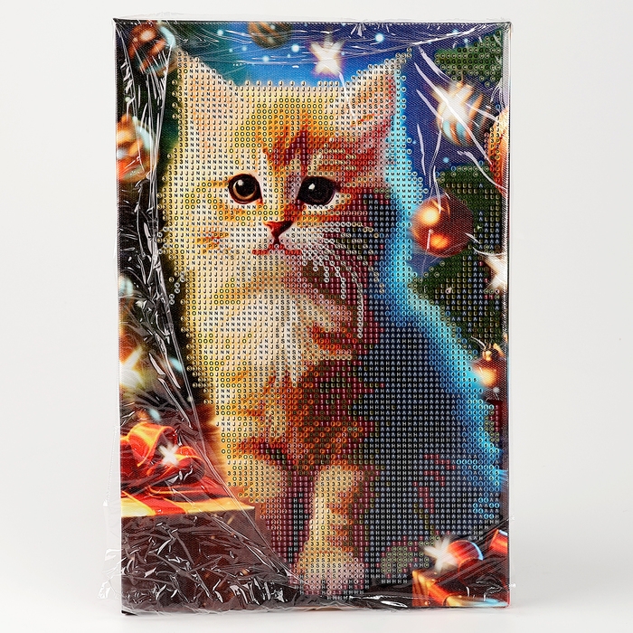 Алмазная мозаика на новый год с частичным заполнением на подрамнике &laquo;Котенок&raquo;, 20 х 30 см, с гирляндой, новогодний набор для творчества