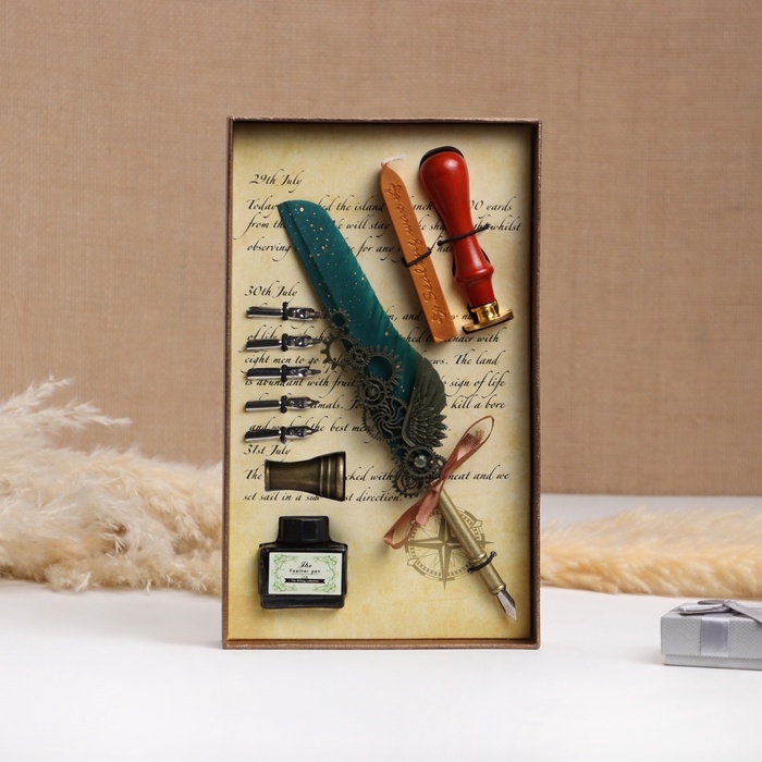 Набор подарочный 5в1 "Стимпанк": перьевая ручка бирюза, чернила, наконечники, печать, воск