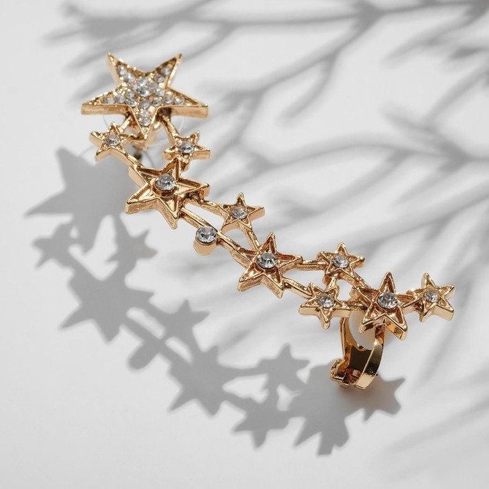 Серьга &laquo;Кафф&raquo; десять звёзд со стразами, цвет белый в золоте