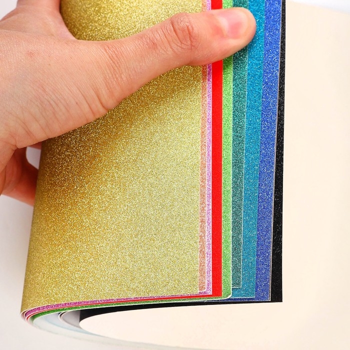 Картон цветной с блёстками, А4, 10 листов, 10 цветов, немелованный, односторонний, в пакете, 250 г/м&sup2;, Тачки