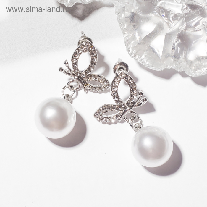 Серьги с жемчугом &laquo;Бабочка&raquo; с бусиной, цвет белый в серебре