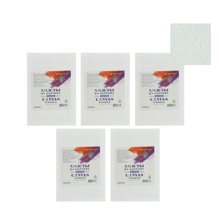 Холст на картоне, 10 х 15 см, хлопок 100%, НАБОР 5 штук, акриловый грунт, мелкозернистый, 380 г/м&sup2;, ЗХК &laquo;Мастер Класс&raquo;