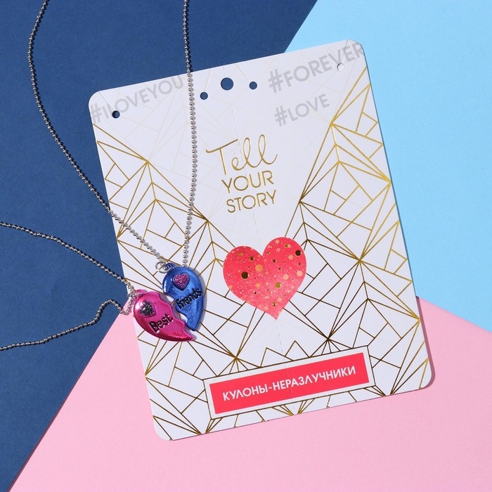 Кулоны &laquo;Неразлучники&raquo; яркие сердечки, цвет розово-синий в серебре, 45 см