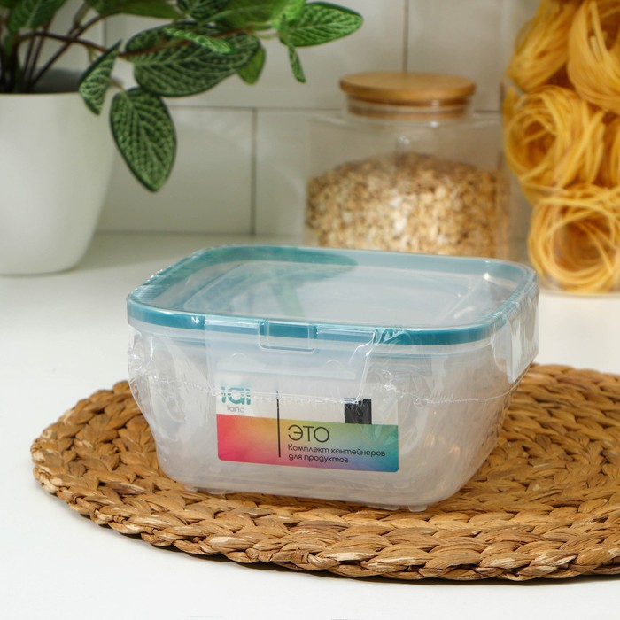 Набор контейнеров для продуктов с защёлкой, герметичная крышка, 3 шт: 400 мл, 800 мл, 1,5 л, прозрачные, крышка голубая Набор контейнеров для продуктов с защёлкой, герметичная крышка, 3 шт: 400 мл, 800 мл, 1,5 л, прозрачные, крышка голубая