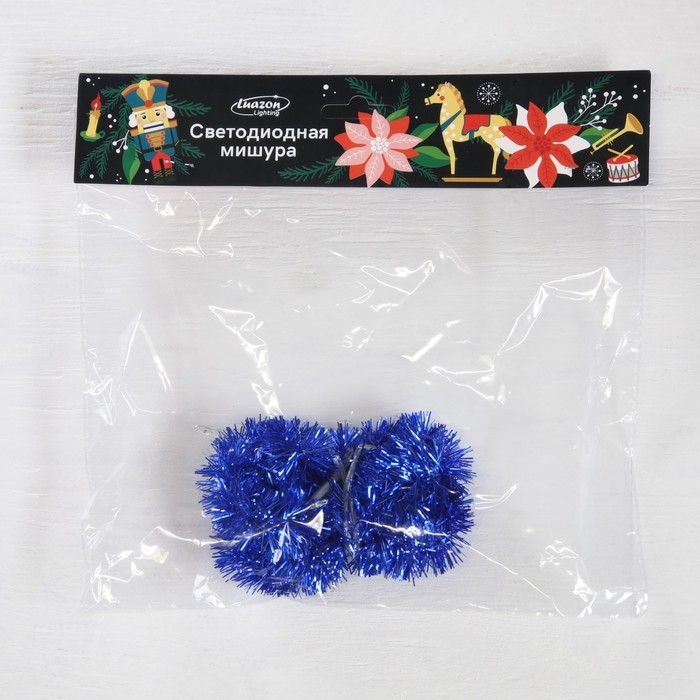 Гирлянда &laquo;Мишура&raquo; 1 м роса, IP20, синяя нить, 22 LED, 8 слоёв, d=3 см, батарейки CR2032х2 (в комплекте), свечение белое