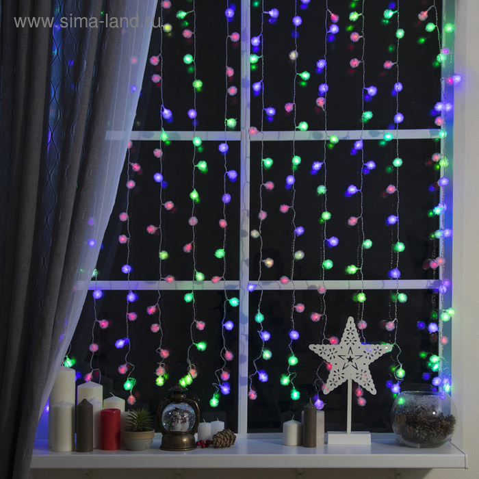 Гирлянда &laquo;Занавес&raquo; 2 &times; 1.5 м с насадками &laquo;Ёжики&raquo;, IP20, прозрачная нить, 360 LED, свечение мульти (RG/RB), мигание, 220 В