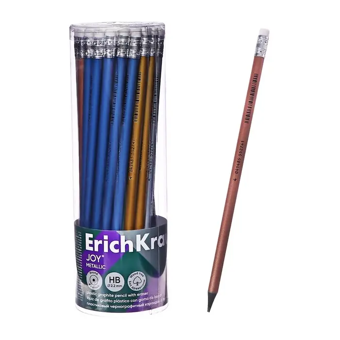 Карандаш чернографитный с ластиком ErichKrause &laquo;Metallic&raquo;, HB, грифель d=2.2 мм, пластик, круглый в тубусе, металлик МИКС