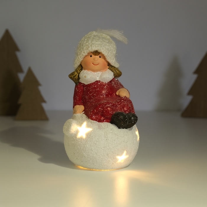 Сувенир керамика свет "Малышка-ангел в красном, на новогоднем шарике" 12,8х8,5х17 см