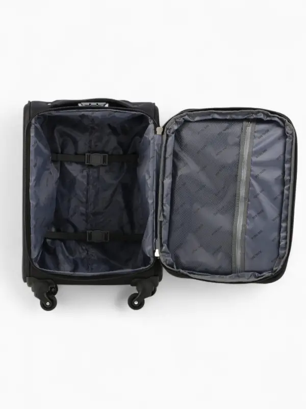 Чемодан 20", Текст, 37*23*55, отд на молнии, 2 нар/карм, увелич, код замок, 4 колеса, черный   10872