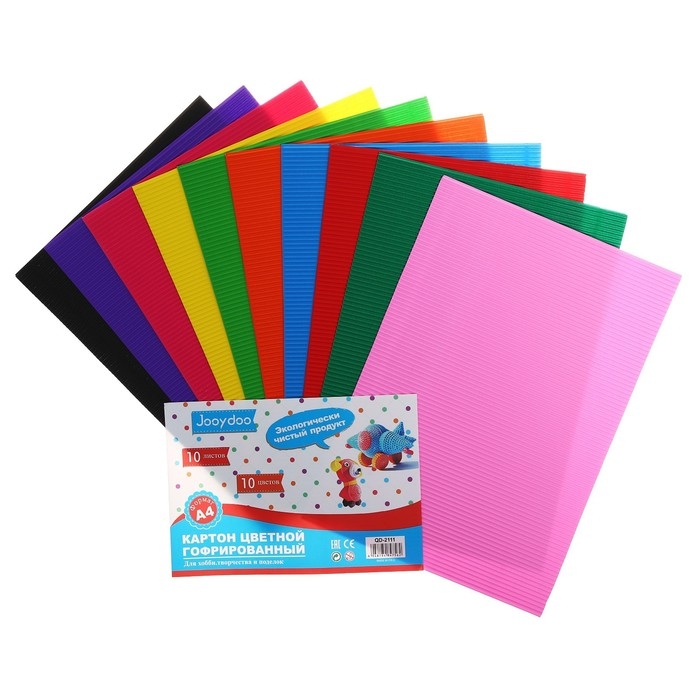 Картон цветной гофрированный А4, 10 листов, 10 цветов