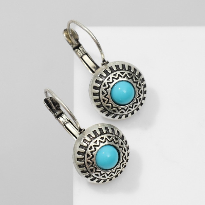Серьги &laquo;Этника&raquo; круг в узорах, цвет голубой в чернёном серебре