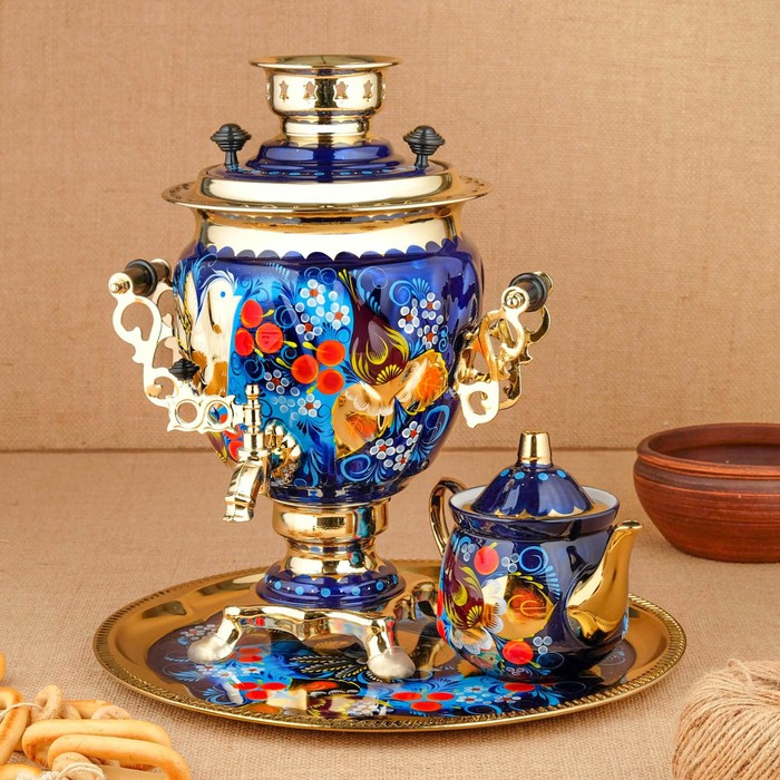 Набор &laquo;Птица на синем&raquo;, жёлудь, 3 предмета, самовар 3 л, заварочный чайник 0,7 л, поднос