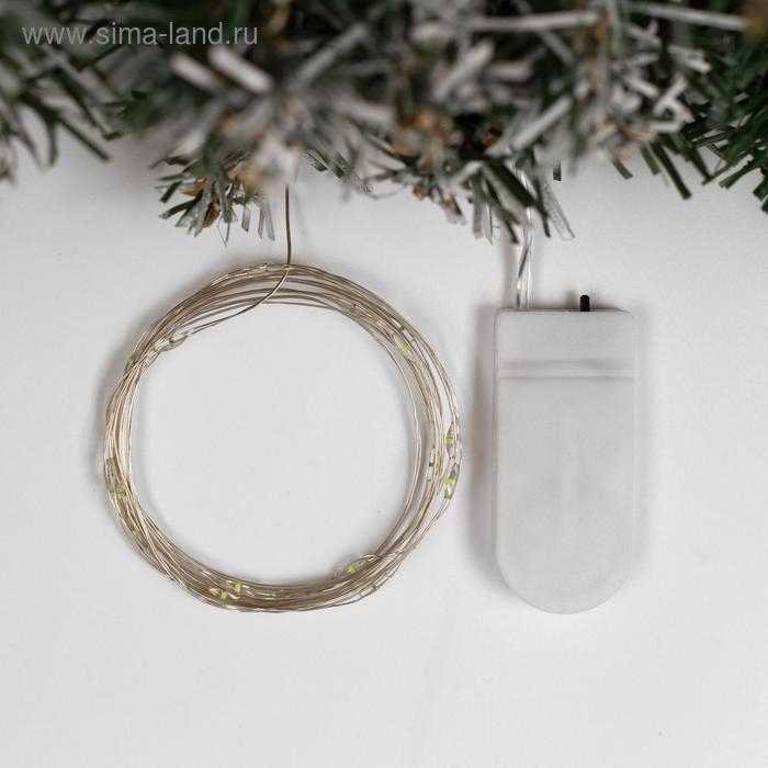 Гирлянда &laquo;Нить&raquo; 2 м роса, IP20, серебристая нить, 20 LED, батарейки CR2032х2 (в комплекте), свечение зелёное