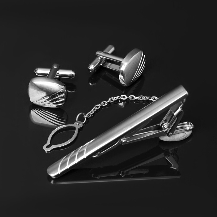 Набор мужской стальной «Запонки + Зажим для галстука» линии, цвет серебро Набор мужской стальной «Запонки + Зажим для галстука» линии, цвет серебро