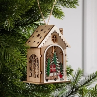 Ёлочная игрушка &laquo;Домик с Дедом Морозом и машиной&raquo;, от батареек, свечение тёплое белое