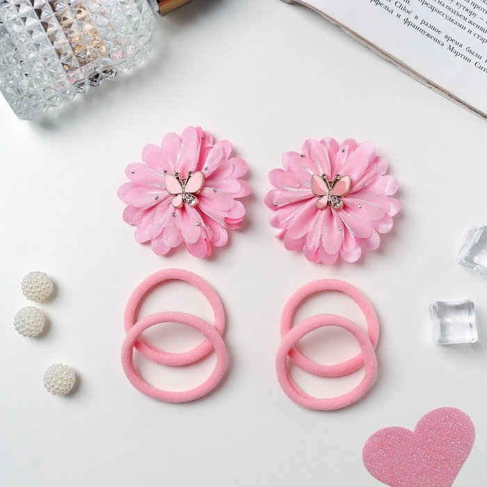 Набор для волос "Кокетка" (4 резинки 4 см, 2 зажима 6 см) нежность бабочка, розовый