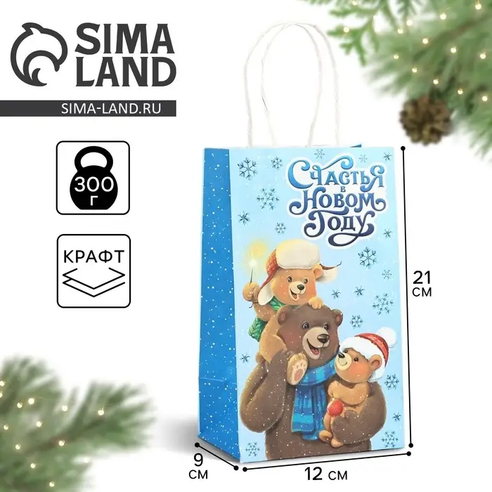 Пакет подарочный новогодний крафтовый &laquo;Счастья в новом году&raquo;, 12 х 9 х 21 см