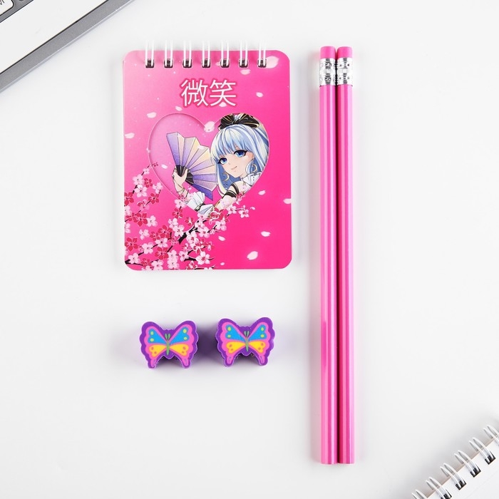 Подарочный набор «Аниме», карандаши 2 шт, ластики 2 шт, блокнот Подарочный набор «Аниме», карандаши 2 шт, ластики 2 шт, блокнот