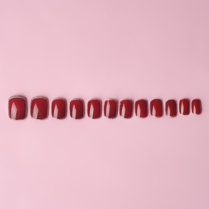 Накладные ногти &laquo;Wine&raquo;, 12 шт, с клеевыми пластинами, форма мягкий квадрат, цвет бордовый/серебристый