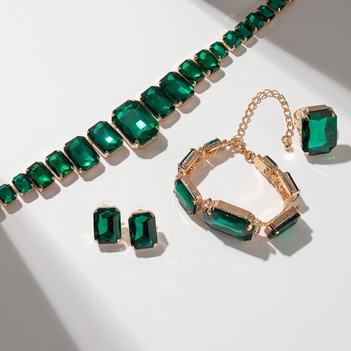 Набор 4 предмета: серьги, колье, браслет, кольцо &laquo;Вечерний&raquo; объём, зелёный в золоте