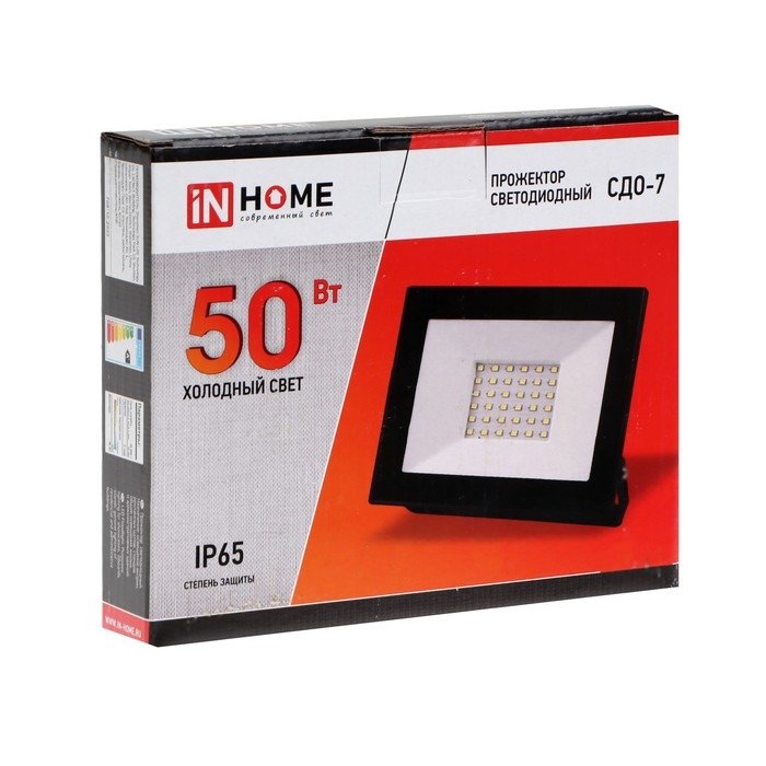 Прожектор светодиодный IN HOME СДО-7, 50 Вт, 230 В, 6500 К, IP65, черный Прожектор светодиодный IN HOME СДО-7, 50 Вт, 230 В, 6500 К, IP65, черный