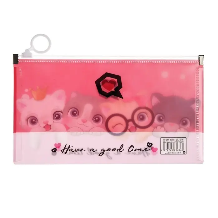 Папка-конверт на молнии формат А65, 180 мкр "Котики, Панды, Единороги", МИКС