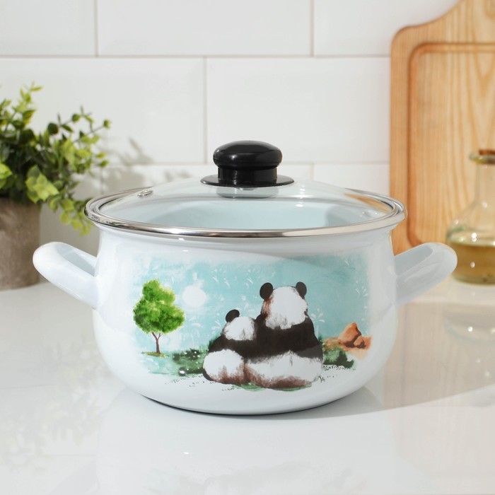 Кастрюля эмалированная &laquo;Панды&raquo;, 3,1 л, стеклянная крышка, индукция