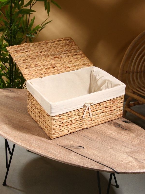 Корзинка прямоугольная с крышкой и тканевым подкладом, 44х30х20 см, водный гиацинт