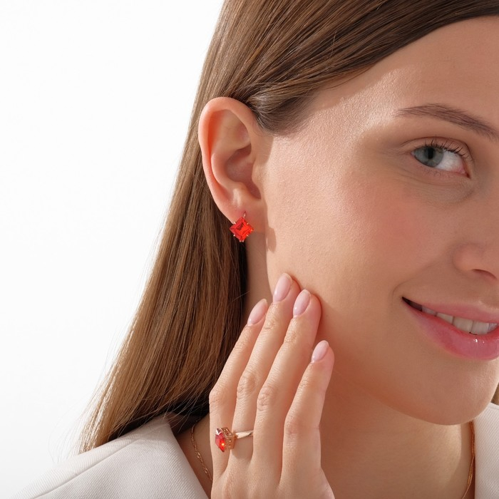 Гарнитур 3 предмета: серьги, кулон, кольцо безразмерное &laquo;Эдель&raquo; ромб, цвет бордовый в золоте, 45 см