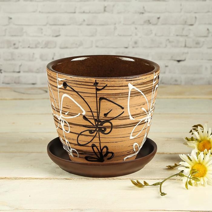 Горшок для цветов &laquo;Витраж&raquo;, 1 л, d=15 см, h=13 см, керамика, с поддоном, коричневый